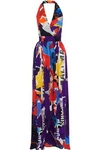 BALMAIN PRINTED SILK-GEORGETTE HALTERNECK MAXI DRESS,3074457345619883864