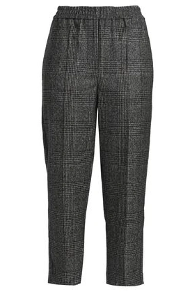 Brunello Cucinelli Woman Cropped Checked Bead-embellished Wool Straight-leg Trousers Dark Grey
