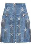 BALMAIN BALMAIN WOMAN CHAIN-EMBELLISHED METALLIC EMBROIDERED LEATHER MINI SKIRT LIGHT BLUE,3074457345619677571