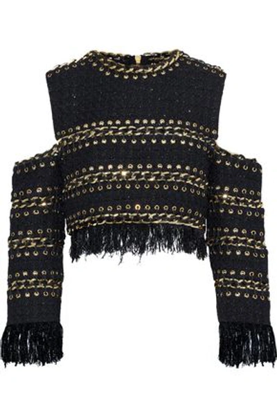 Balmain Cold-shoulder Fringe-trimmed Embellished Metallic Tweed Top In Black