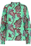 TIBI TIBI WOMAN GATHERED PRINTED COTTON-POPLIN BLOUSE LIGHT GREEN,3074457345619657259