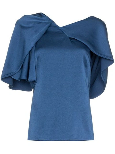 Peter Pilotto Draped Asymmetric Shoulder Silk Top In Blue