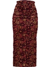 Miu Miu Metallic Floral-cloque Ruched Fitted Tea-length Skirt In Bordeaux