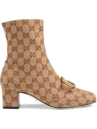 Gucci Gg Canvas Mid-heel Booties With Gg Detail In Neutrals