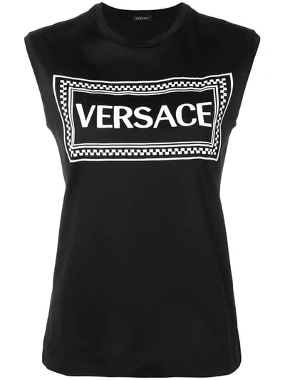 Versace Logo Embroidered Tank Top In Black & White