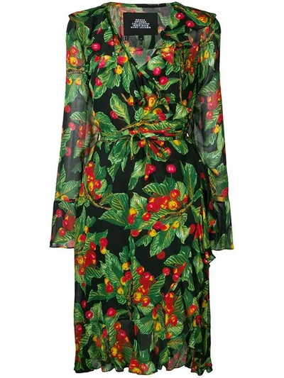 Marc Jacobs Bell-sleeve Ruffled Cherry-print Wrap Dress In Multicolor