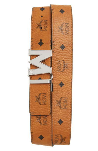 Mcm Visetos Engraved Logo Buckle Reversible Belt In Cognac | Cognac