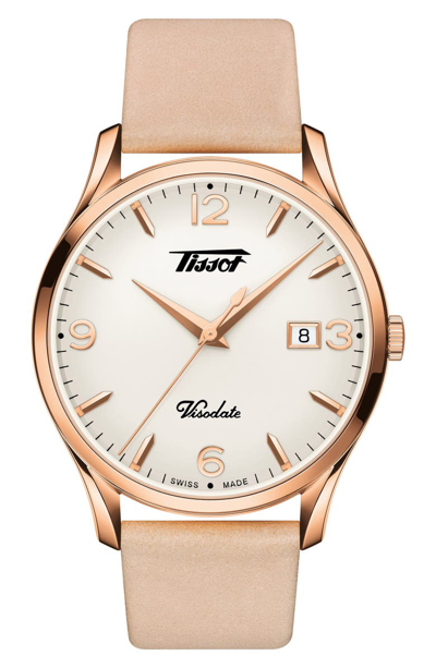 Tissot Heritage Visodate Leather Strap Watch, 40mm In Pink/ White/ Rose Gold