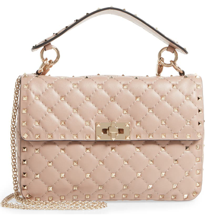 Valentino Garavani Medium Rockstud Matelassé Quilted Leather Crossbody Bag In Poudre/ Gold