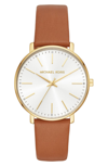 Michael Kors Women's Pyper Luggage Leather Strap Watch 38mm In Tan/ Gold