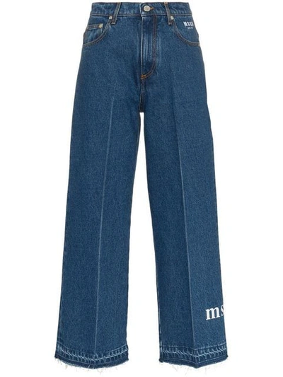 Msgm Cropped Logo Jeans In Blue