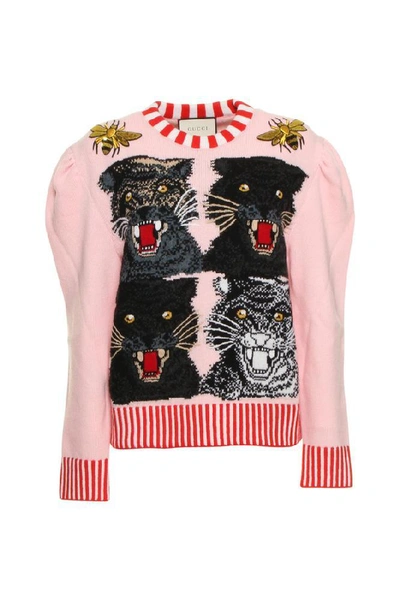 Gucci Embroidered Motif Knit Jumper In Pink