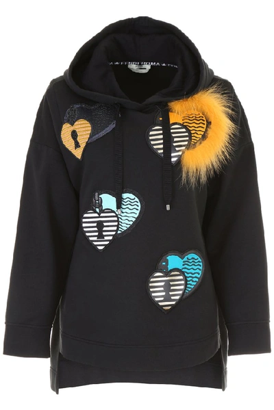 Fendi Hoodie With Fur Patches In Black,yellow,metallic