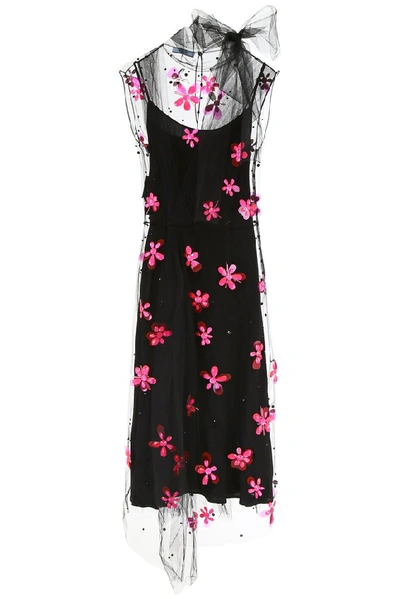 Prada Floral Embroidered Tulle Dress In Nero Pink