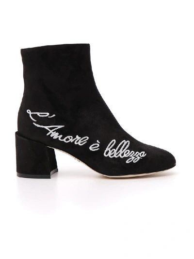 Dolce & Gabbana Suede Ankle Boots With Embroidery In Black