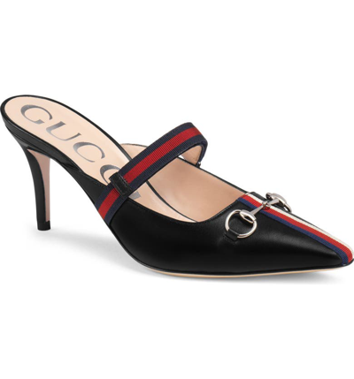 Gucci Horsebit-detailed Grosgrain-trimmed Leather Mules In Black