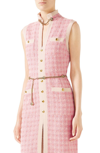 Gucci Sleeveless Short Tweed Dress With Chain Belt In 5726 Pink/ White