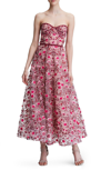 MARCHESA NOTTE FLORAL EMBROIDERED STRAPLESS TEA LENGTH GOWN,N26G0728