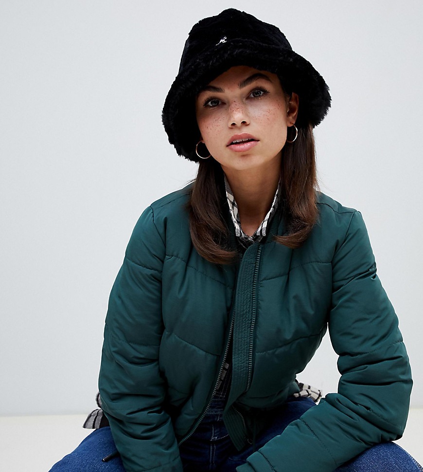 black faux fur bucket hat
