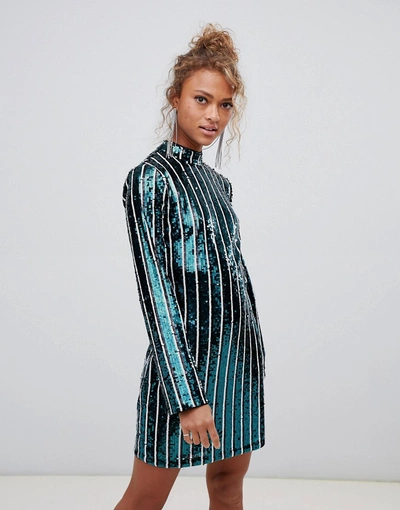 New Look Sequin Mini Dress With High Neck In Stripe-green