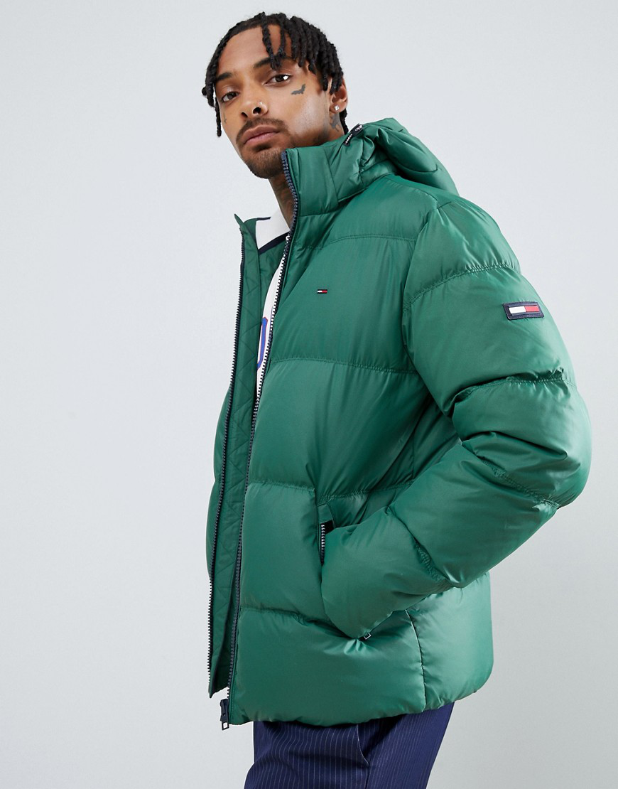 tommy jeans down puffer jacket detachable hood in green