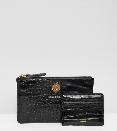 Kurt Geiger Black Croc Effect Pouch Gift Set With Makeup Bag And