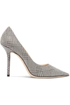 JIMMY CHOO LOVE 100 GLITTERED CHECKED LEATHER PUMPS