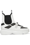 PRADA CLOUDBUST LOGO-EMBOSSED RUBBER, NEOPRENE AND LEATHER-TRIMMED MESH HIGH-TOP SNEAKERS