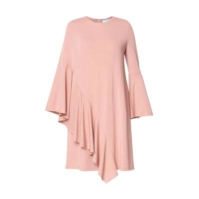 Paisie Round Neck Dress With Asymmetric Side Frill Overlay In Blush In White