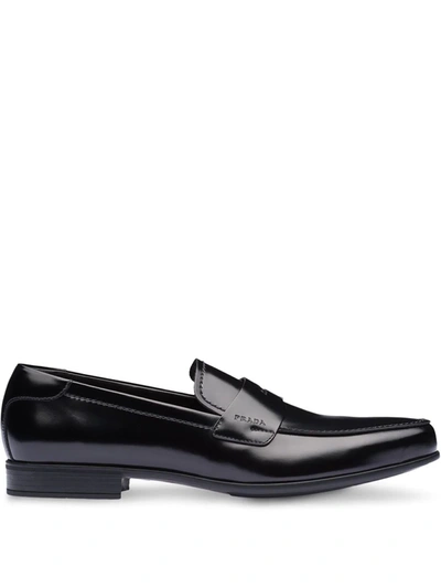 Prada Brushed Leather Penny Loafers In Black
