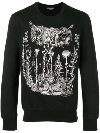 Alexander Mcqueen Embroidered Skeleton Garden Cotton Sweatshirt In Black