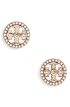 Tory Burch Crystal Logo Circle Stud Earrings In Tory Gold