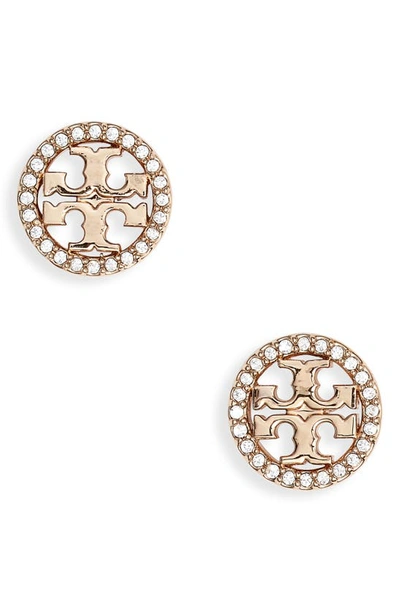 Tory Burch Crystal Logo Circle Stud Earrings In Clear/rose Gold