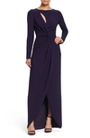 Dress The Population Naomi Long Sleeve Twist Crepe Gown In Boysenberry