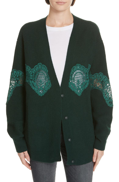 Sandro Floral-lace Trimmed Wool-blend Cardigan In Bottle Green