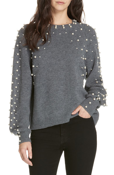 Joie Nilania Pearly-beads Crewneck Wool-cashmere Sweater In Dark Htr Grey