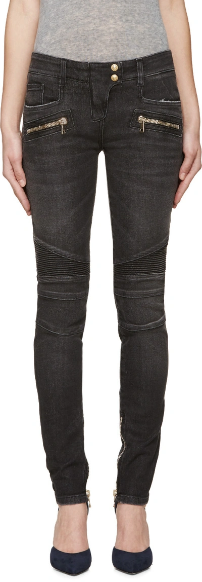 Balmain Black Skinny Biker Jeans In Grey