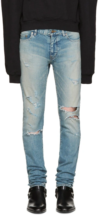 Saint Laurent Crash Distressed Skinny Jeans In Dirty Original Blue Trash