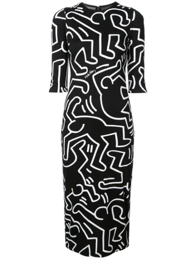 Alice And Olivia X Keith Haring Delora Fitted Crew Neck Dress In Dancing Man Black Soft White