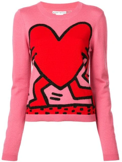 Alice And Olivia Keith Haring X Alice + Olivia Chia Relaxed Intarsia Crewneck Pullover Sweater In Rose Multi