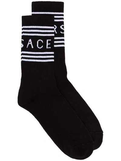 Versace Logo Cotton Blend Crew Socks In Black