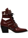 CHLOÉ BURGUNDY REILLY 60 BUCKLE EMBELLISHED ANKLE BOOTS