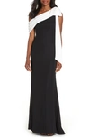Tadashi Shoji Cassia Colorblock Bow-shoulder Crepe Gown In Midnight