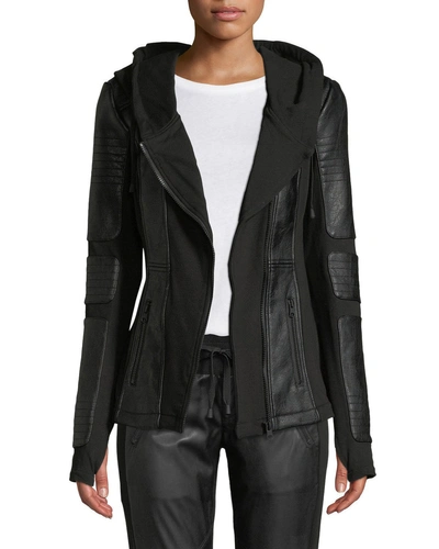 Blanc Noir Asymmetrical Hooded Terry Moto Jacket In Black