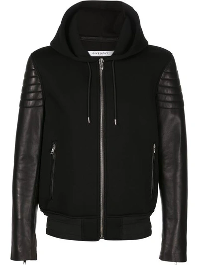 Givenchy Neoprene Leather Hooded Bomber Jacket In Black