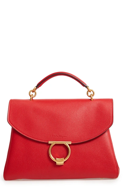 Ferragamo Medium Gancino Vela Top Handle Leather Bag In Lipstick Red/gold