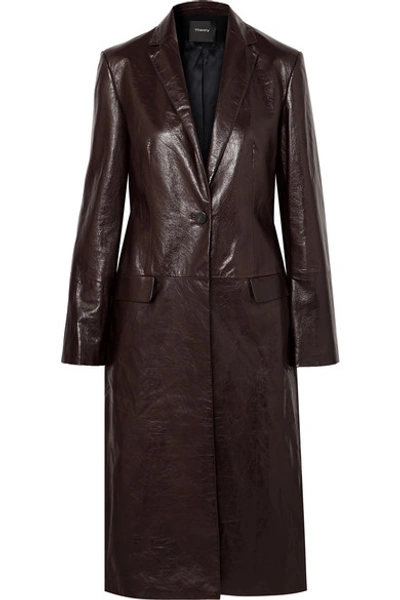 Theory Varnished Leather Single-button Long Coat In Dark Roast