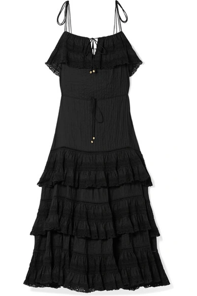 Zimmermann Juniper Tiered Lace-trimmed Pintucked Cotton-voile Midi Dress In Black