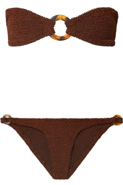 Hunza G Gloria Embellished Seersucker Bandeau Bikini In Brown