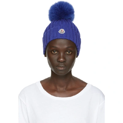Moncler Blue Pompom Wool Beanie In 752 Blue